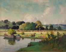 EDWARD HARTLEY MOONEY (1878-1938 OIL ON RE-LINED CANVAS River landscape with figures Signed 15 ½?