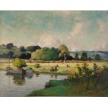 EDWARD HARTLEY MOONEY (1878-1938 OIL ON RE-LINED CANVAS River landscape with figures Signed 15 ½?