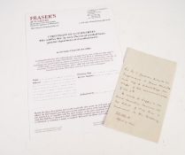 W E Gladstone- An unsigned hand written letter in black ink, relating to the former Prime Minister