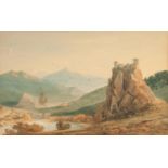 JOHN VARLEY (1778-1842) WATERCOLOUR DRAWING Continental river landscape with hill top fort and