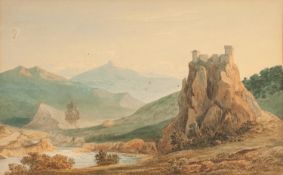 JOHN VARLEY (1778-1842) WATERCOLOUR DRAWING Continental river landscape with hill top fort and