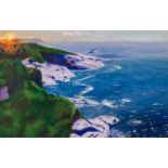 CLIFF HIGGINSON (TWENTIETH CENTURY) ACRYLIC?Sunset at Porthbear, Cornwall? Signed, titled to label 9