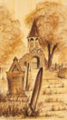 JOE SPARK (TWENTIETH CENTURY) THREE PEN AND WASH DRAWINGS, heightened in white 'Old Church Yard,