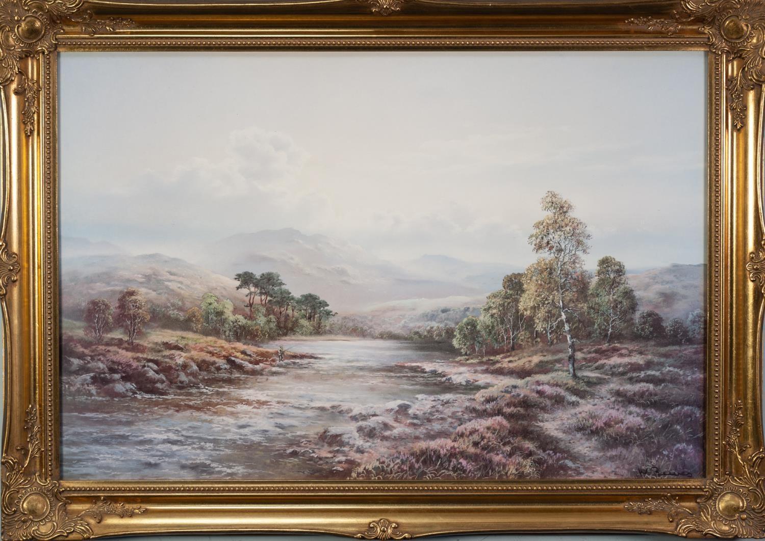 AFTER W. REEVES COLLOTYPE PRINT Highland river scape with fisherman in the fore ground 23 ¼? x 35 ¼? - Image 2 of 2