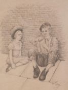 TOM DODSON (1910 - 1991) PENCIL DRAWING Urchin boy sitting on the pavement whittling, young girl