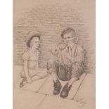 TOM DODSON (1910 - 1991) PENCIL DRAWING Urchin boy sitting on the pavement whittling, young girl