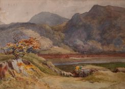 WALTER EASTWOOD (1867-1943) WATERCOLOUR DRAWING Highland landscape with sheep in the foreground