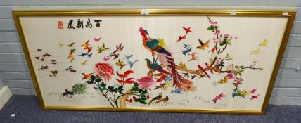 MODERN CHINESE NEEDLEWORK PICTURE ON SILK COLOURFUL BIRDS AND FLOWERING FOLIAGE 23 ½? x 55 ½?