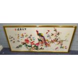 MODERN CHINESE NEEDLEWORK PICTURE ON SILK COLOURFUL BIRDS AND FLOWERING FOLIAGE 23 ½? x 55 ½?