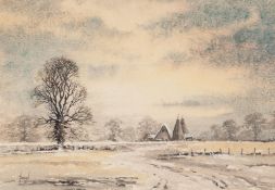 DAVID HEADON (Havant, Hants.) TWO WATERCOLOUR DRAWINGS 'Winter landscape - near Ashford, Kent'