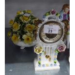 CONTINENTAL PORCELAIN MANTEL CLOCK WITH SPRING DRIVEN MOVEMENT, FLORAL ENCRUSTED AND A LARGE CHINA