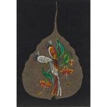 SET OF SIX MODERN INDIAN GOUACHE LEAF PAINTINGS, exotic birds and flowers, on pear shaped leaves,