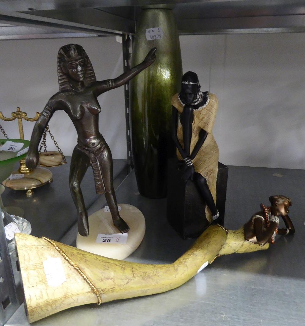 A RESIN FIGURE OF A TALL, SLENDER AFRICAN WOMAN; A RESIN FIGURE OF AN AFRICAN WOMAN SEATED ON A