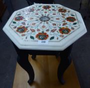 A MIDDLE EASTERN SMALL OCCASIONAL TABLE, WITH OCTOGNAL WHITE MARBLE TOP WITH PIERRA DURA FLORAL