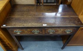 ANTIQUE OAK OBLONG WRITING TABLE WITH TWO SHORT DRAWERS, BRASS DROP HANDLES, ON FOUR PLAIN SQUARE