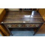 ANTIQUE OAK OBLONG WRITING TABLE WITH TWO SHORT DRAWERS, BRASS DROP HANDLES, ON FOUR PLAIN SQUARE