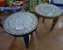 A PAIR OF MIDDLE EASTERN HARDWOOD CIRCULAR LAMP TABLES WITH BONE AND EBONY INLAY, ON THREE LEGS, 12"