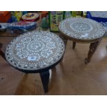 A PAIR OF MIDDLE EASTERN HARDWOOD CIRCULAR LAMP TABLES WITH BONE AND EBONY INLAY, ON THREE LEGS, 12"