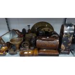 QUANTITY OF WOODEN ITEMS TO INCLUDE; CANDLESTICKS, OLD BARBERS MIRRORS, BOWLS, FACE MASKS,
