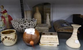 MODERN STUDIO POTTERY, three vases, candleholder, (a/f), two short candlesticks, bowl, small wall