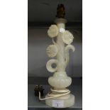 A FLORAL CARVED WHITE ALABASTER TABLE LAMP