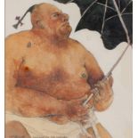 G WALKER PENCIL AND WATERCOLOUR Sumo Wrestling with Umbrella Signed and titled in pencil 7 1/2in x 6