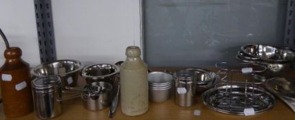 TWO VICTORIAN STONEWARE BEER BOTTLES, TOGETHER WITH A SELECTION OF STAINLESS STEEL WARES