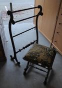 'X' FRAMED MAHOGANY STOOL  AND A TOWEL RAIL (A.F.) (2)