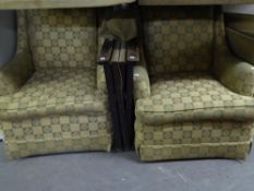 A PAIR OF SEMI-WINGED LOUNGE CHAIRS, COVERED IN CHECK PATTERN FAWN AND GREEN FABRIC