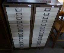 TWO NARROW 15 DRAWER FILING CABINETS IN BROWN AND BEIGE