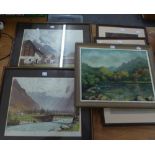 AN AMATEUR OIL PAINTING, ON BOARD, FRAMED AND TWO SIGNED PRINTS (3)