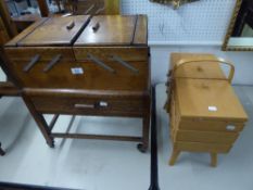 GOOD QUALITY CARVED OAK SEWING BOX, WITH CONTENTS AND A LIGHT OAK CANTILEVER SEWING BOX AND CONTENTS