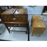 GOOD QUALITY CARVED OAK SEWING BOX, WITH CONTENTS AND A LIGHT OAK CANTILEVER SEWING BOX AND CONTENTS