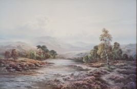 AFTER W. REEVES COLLOTYPE PRINT Highland river scape with fisherman in the fore ground 23 ¼? x 35 ¼?