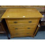 EDWARDIAN SATIN WALNUT CHEST OF THREE LONG DRAWERS WITH BRASS DROP HANDLES, 2?9? WIDE AND THE