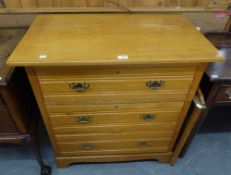 EDWARDIAN SATIN WALNUT CHEST OF THREE LONG DRAWERS WITH BRASS DROP HANDLES, 2?9? WIDE AND THE