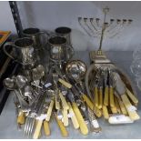 AN ELECTROPLATE ART DECO ENTRÉE DISH WITH IVORINE HANDLES; AN ELECTROPLATE MENORAH; A SET OF FOUR