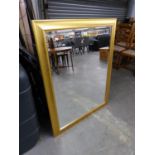 A LARGE OBLONG BEVELLED EDGE WALL MIRROR, IN CAVETTO GILT FRAME, 3'10"  WIDE OVERALL
