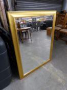 A LARGE OBLONG BEVELLED EDGE WALL MIRROR, IN CAVETTO GILT FRAME, 3'10"  WIDE OVERALL