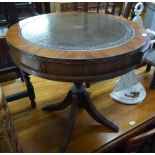 REGENCY STYLE MAHOGANY DRUM TOP OCCASIONAL TABLE, WITH LEATHER INSET TOP, TWO SMALL DRAWERS, ON VASE
