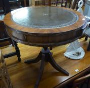 REGENCY STYLE MAHOGANY DRUM TOP OCCASIONAL TABLE, WITH LEATHER INSET TOP, TWO SMALL DRAWERS, ON VASE