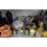 MIXED LOT TO INCLUDE; RESIN FIGURES, GLASS BELL, VASES, MIRRORS, CLOCK WITH RESIN FIGURES ETC.....