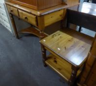 DUCAL PINE SIDE OR WRITING TABLE WITH LOW LEDGE BACK, TWO FRIEZE DRAWERS, ON TURNED TAPERING LEGS