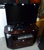 LG FLAT SCREEN TELEVISION WITH PHILIPS DVD PLAYER/RECORDER, ON WOODEN CORNER STAND WITH DRAWER