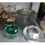 ITALIAN GREEN BUBBLE GLASS ASHTRAY OR BOWL; A GLASS CIRCULAR ASHTRAY; A GREEN ONYX EGG ON METAL