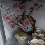 AN ORIENTAL ORNAMENTAL HARDSTONE FLOWERING SHRUB IN A POT AND A MODERN CLOCK (2)