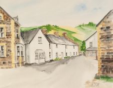 ELIZABETH HODSON (TWENTIETH CENTURY) WATERCOLOUR DRAWING ?Cotswold Cottages at Filkins? Signed,