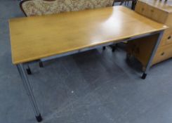 A LIGHT OAK OBLONG WRITING TABLE, ON CHROME FRAME WITH DETACHABLE CHROME LEGS, 4'9" LONG