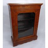 VICTORIAN FLORAL MARQUETRY INLAID FIGURED WALNUT SIDE CABINET, the oblong top above a glazed door,