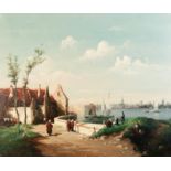 A B KLEUR ? OIL PAINTING ON CANVAS Dutch 18th Century scene with figures and dwellings in the